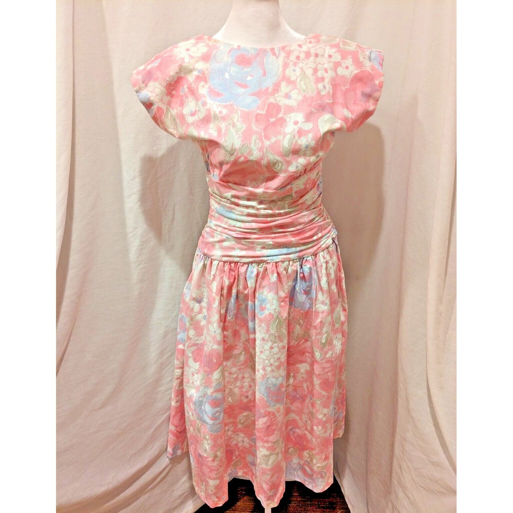 Vintage Patty O'Neil Pastel Floral Cotton Midi Dress Cinch Waist Women Sz 10 Bow
